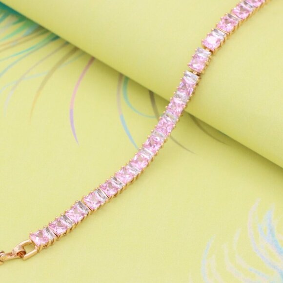 "Rose Gold Tennis Bracelet with Pink Square CZ Stones, Elegant Design, XPBL0740 - Picture 5 of 12